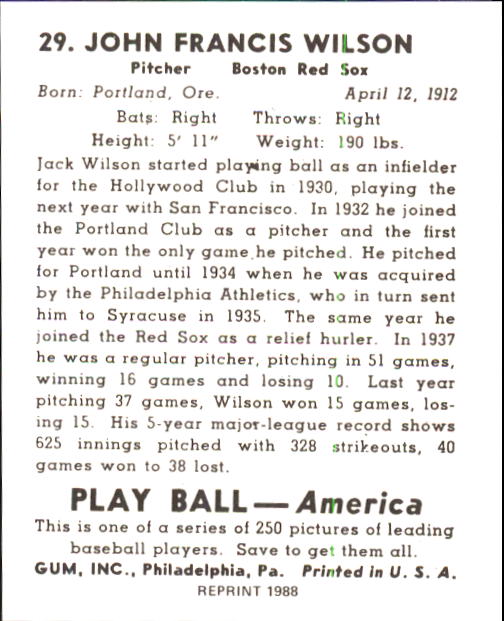 1939 Play Ball #29 John(Jack) Wilson RC back image