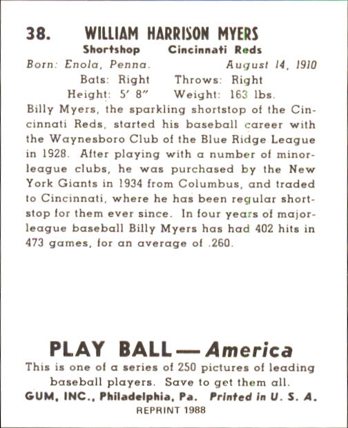 1939 Play Ball #38 Billy Myers RC back image