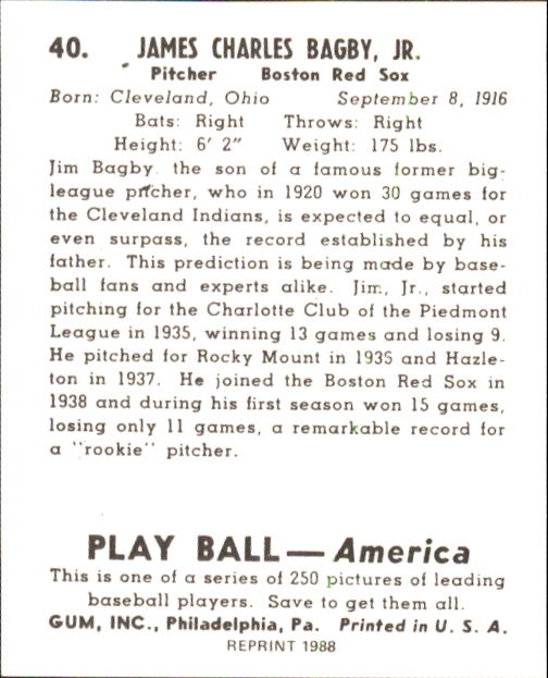 1939 Play Ball #40 James Bagby Jr. RC back image