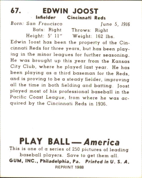 1939 Play Ball #67 Ed Joost RC back image