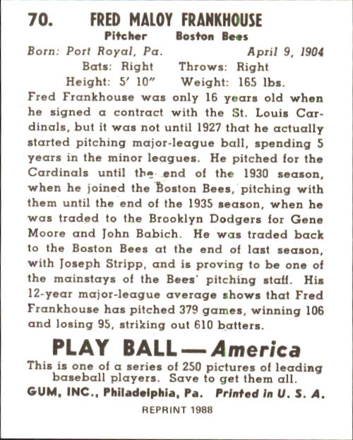 1939 Play Ball #70 Fred Frankhouse back image