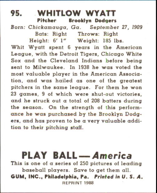 1939 Play Ball #95 Whit Wyatt RC back image
