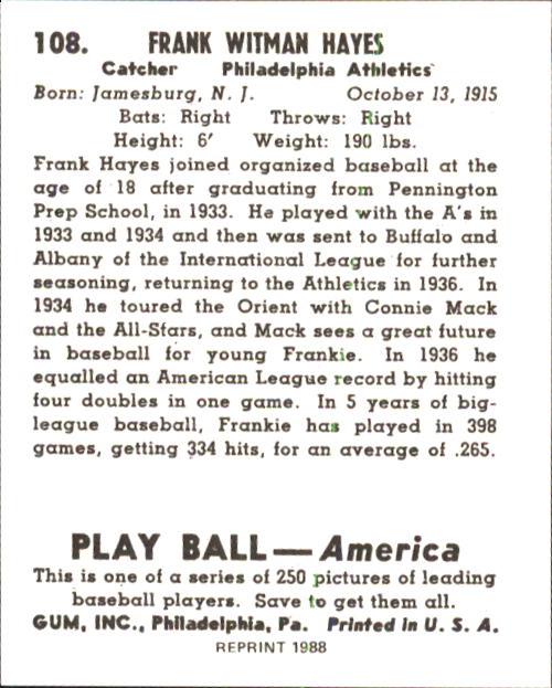 1939 Play Ball #108 Frank Hayes RC back image