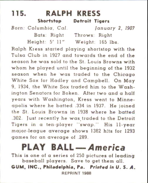 1939 Play Ball #115 Ralph Kress back image