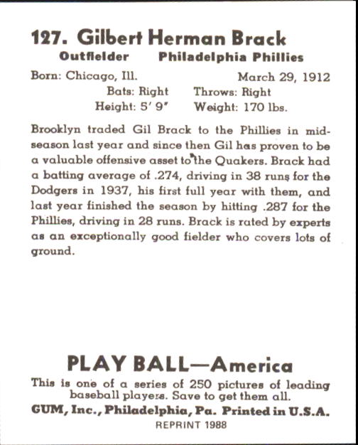 1939 Play Ball #127 Gil Brack RC back image