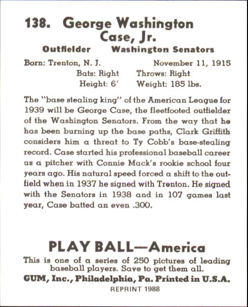 1939 Play Ball #138 George Case RC back image