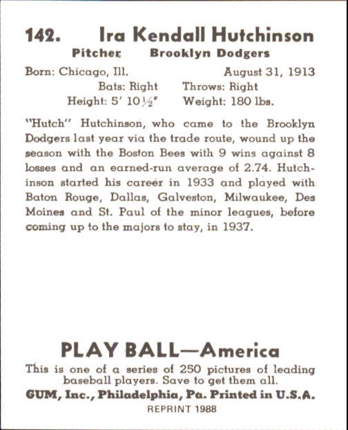 1939 Play Ball #142 Ira Hutchinson RC back image