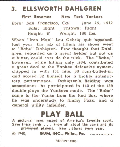 1940 Play Ball #3 Babe Dahlgren back image