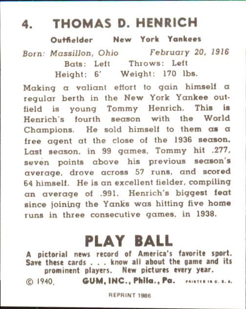 1940 Play Ball #4 Tommy Henrich back image