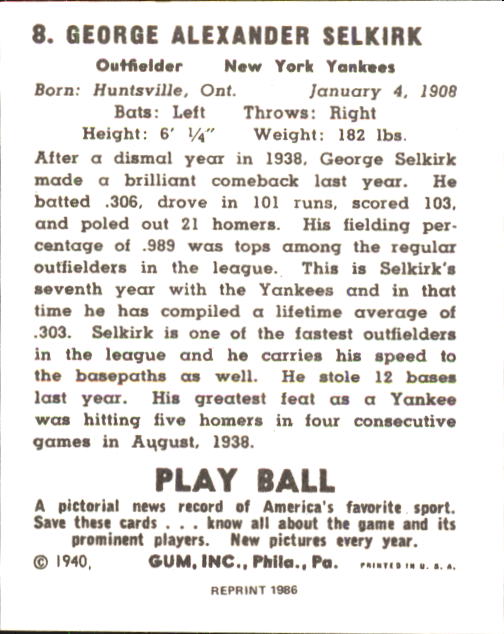 1940 Play Ball #8 George Selkirk back image