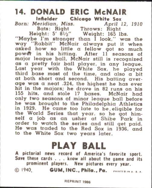 1940 Play Ball #14 Rabbit McNair back image