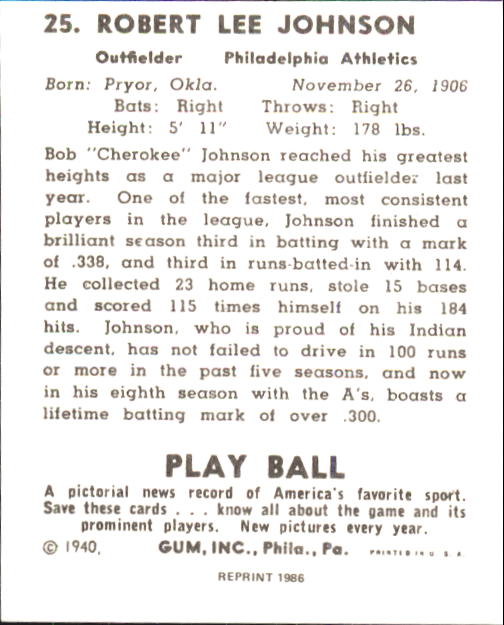 1940 Play Ball #25 Bob Johnson back image