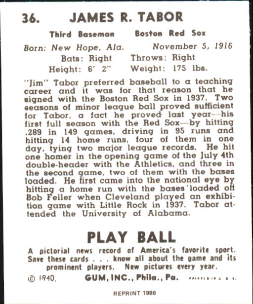 1940 Play Ball #36 Jim Tabor back image