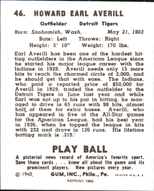 1940 Play Ball #46 Earl Averill back image