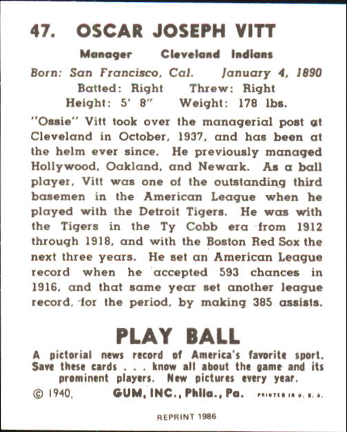 1940 Play Ball #47 Oscar Vitt RC back image