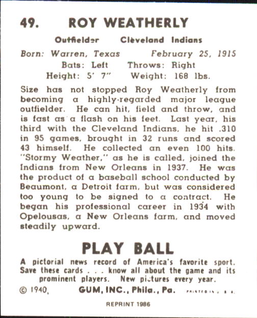 1940 Play Ball #49 Stormy Weatherly back image