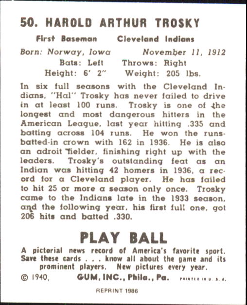 1940 Play Ball #50 Hal Trosky back image