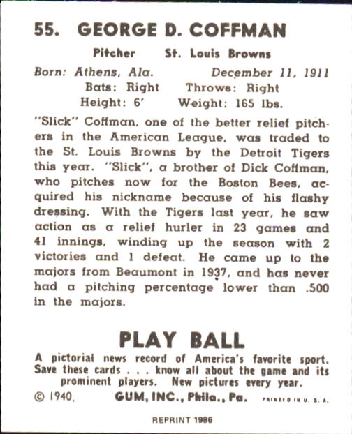 1940 Play Ball #55 Slick Coffman back image