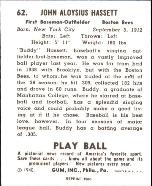 1940 Play Ball #62 Buddy Hassett back image