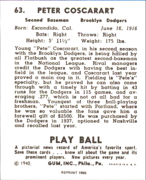 1940 Play Ball #63 Pete Coscarart back image