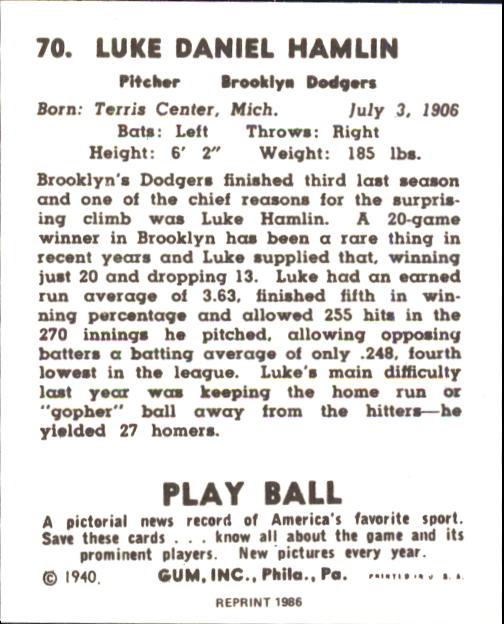 1940 Play Ball #70 Luke Hamlin/(Hot Potato) back image