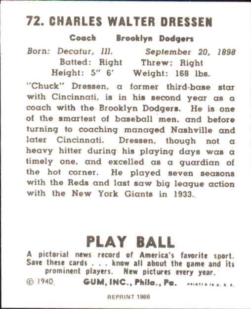 1940 Play Ball #72 Chuck Dressen RC back image