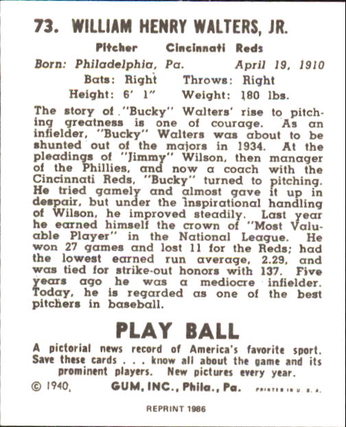 1940 Play Ball #73 Bucky Walters back image