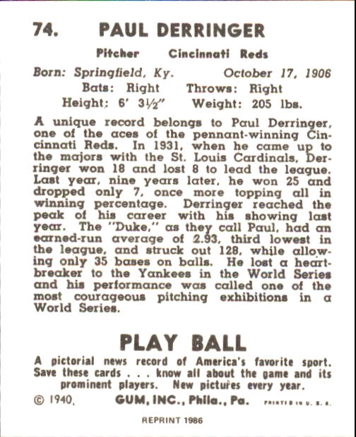 1940 Play Ball #74 Paul(Duke) Derringer back image