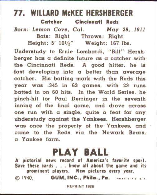 1940 Play Ball #77 Willard Hershberger back image