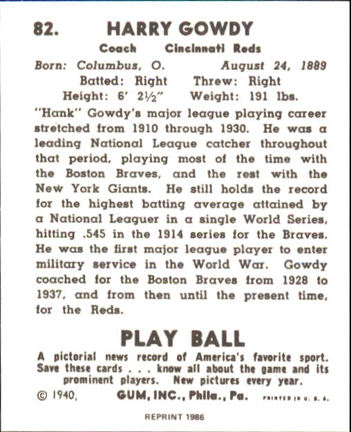 1940 Play Ball #82 Hank Gowdy CO back image