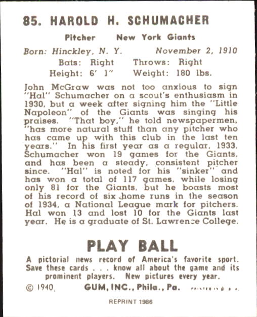 1940 Play Ball #85 Hal Schumacher back image