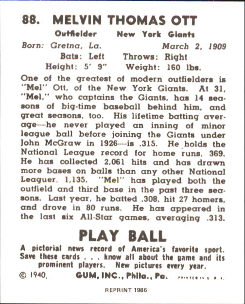 1940 Play Ball #88 Mel Ott back image