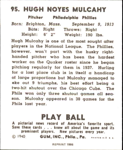 1940 Play Ball #95 Hugh Mulcahy back image
