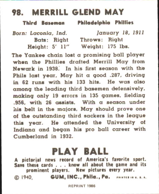 1940 Play Ball #98 Pinky May back image
