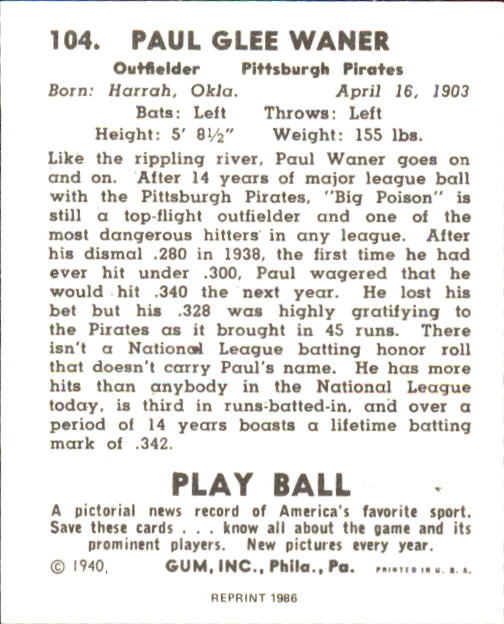 1940 Play Ball #104 Paul Waner back image