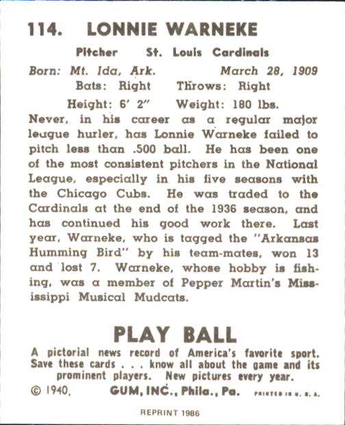 1940 Play Ball #114 Lon Warneke back image