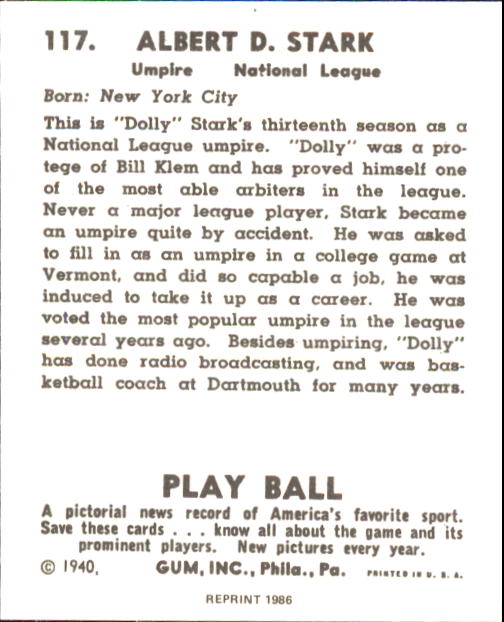 1940 Play Ball #117 Dolly Stark UMP back image