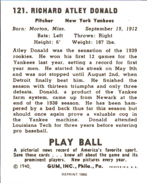 1940 Play Ball #121 Atley Donald RC back image