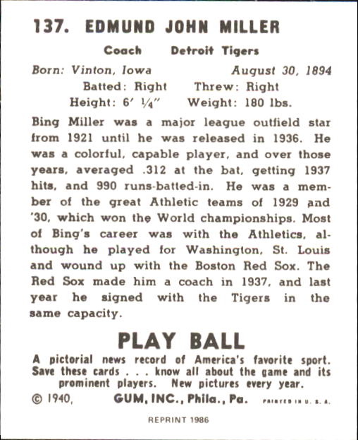 1940 Play Ball #137 Bing Miller back image