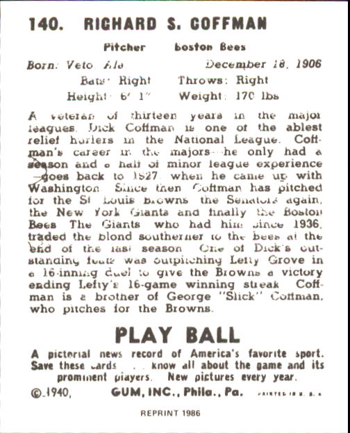 1940 Play Ball #140 Dick Coffman back image
