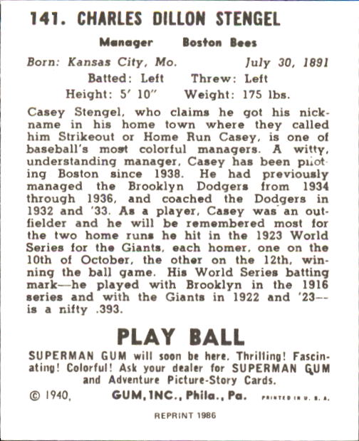 1940 Play Ball #141 Casey Stengel MG RC back image