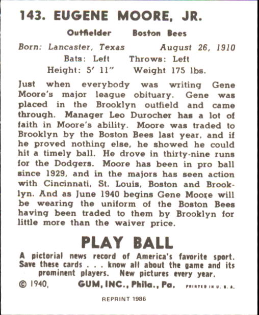 1940 Play Ball #143 Gene Moore back image