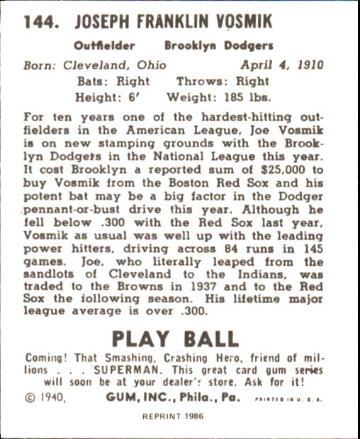 1940 Play Ball #144 Joe Vosmik back image