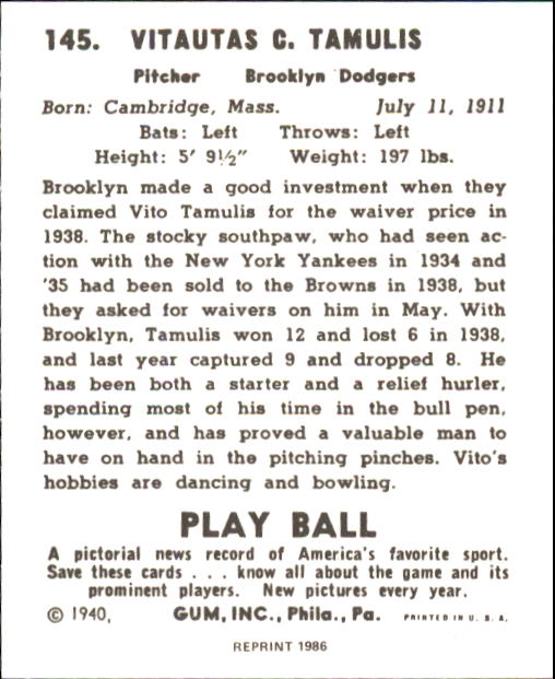 1940 Play Ball #145 Vito Tamulis back image