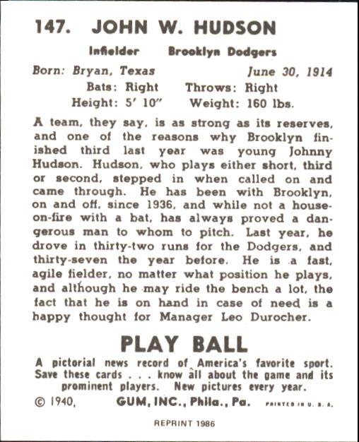 1940 Play Ball #147 Johnny Hudson back image