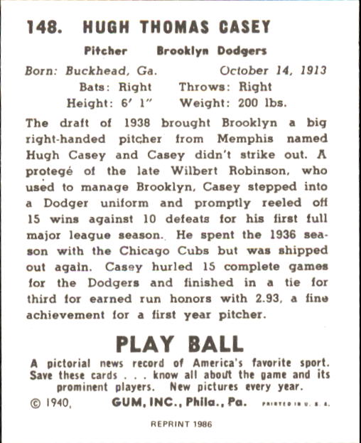 1940 Play Ball #148 Hugh Casey back image