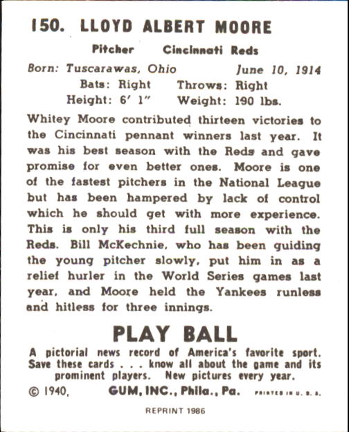 1940 Play Ball #150 Whitey Moore back image