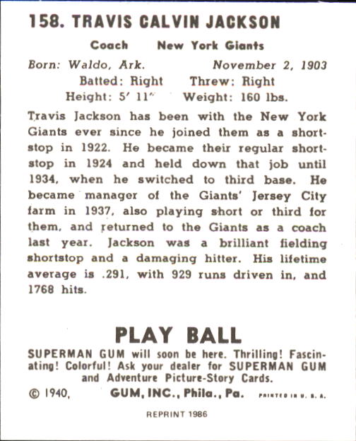 1940 Play Ball #158 Travis Jackson back image