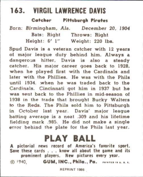1940 Play Ball #163 Spud Davis back image