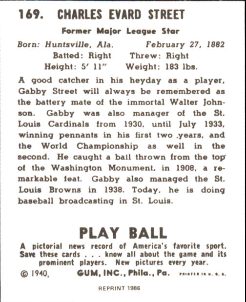 1940 Play Ball #169 Gabby Street back image